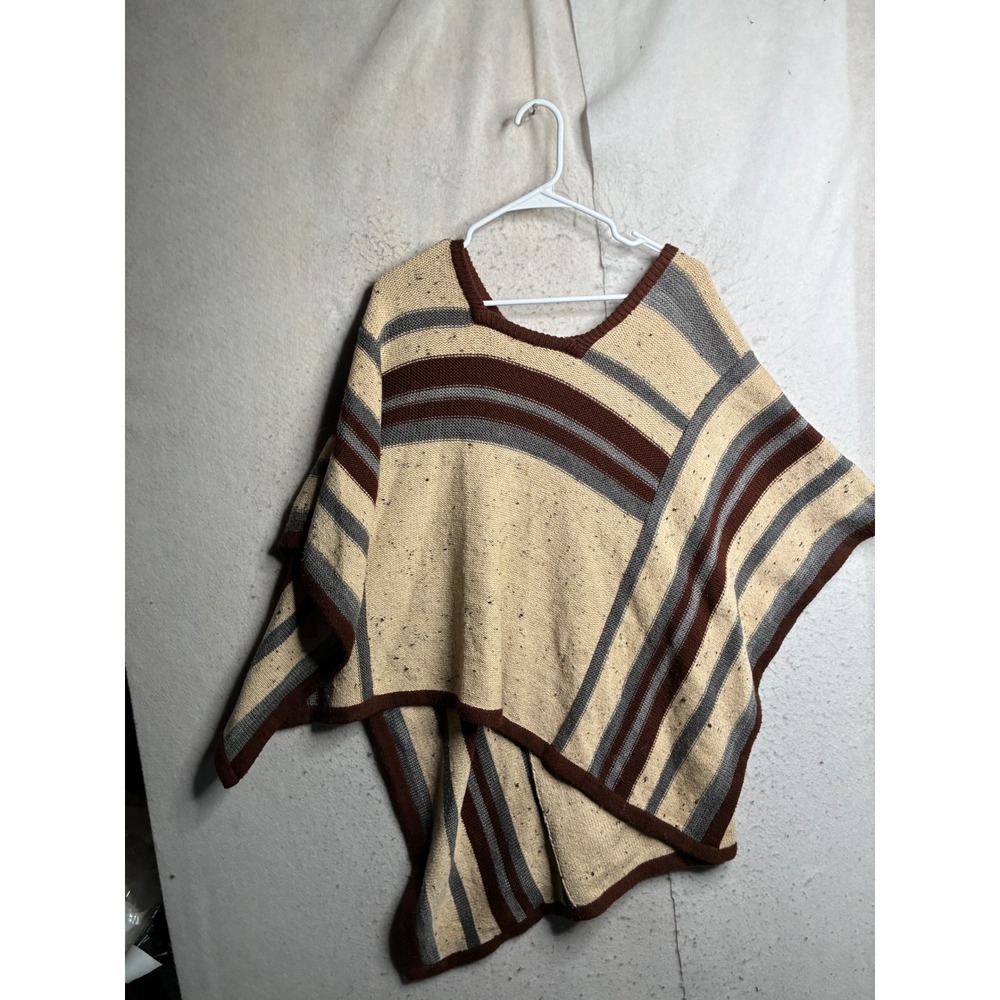 Vintage Beldoch Popper Wool Blend Striped Knit Poncho Brown Grey Cream Small